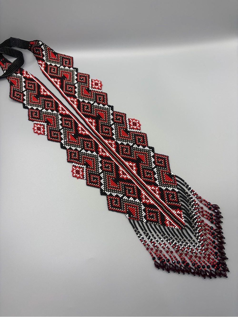 Red & Black Geometric Beaded Necklace - Women’s Statement Jewelry